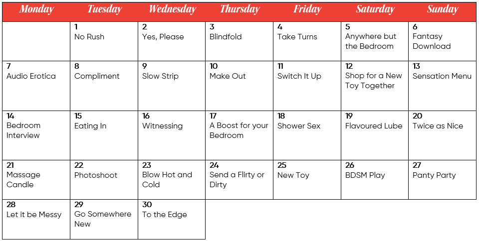 The Sextember challenge calendar, starting on Tuesday the 1st of September. All challenges are outlined in the article below in order.